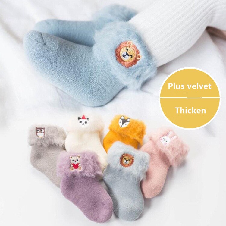 Coral Fleece Leeuw Sokken Voor Baby 3D Borduren Cartoon Baby Vloer Sokken Winter Warme Dikke Baby Meisjes Jongens Sokken Voor baby 'S