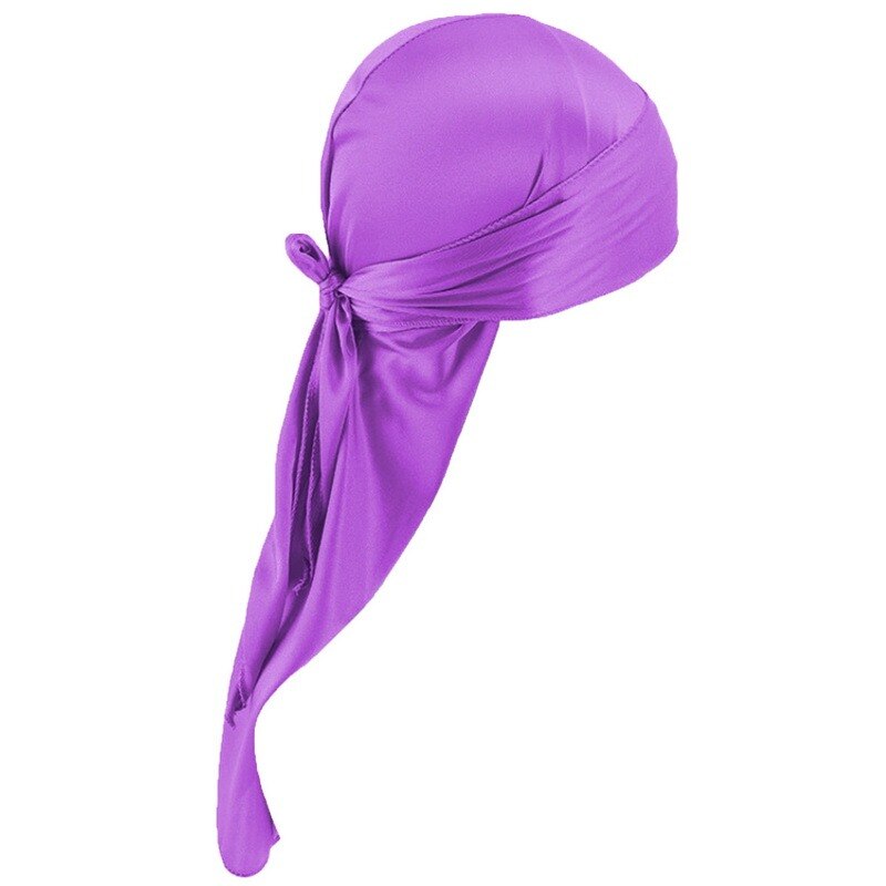 Satin Men Stretchy Cap Hip Hop Wigs Turban Bandana Headwear Toe Cap Solid Color Long Pirate Hat Tie Down Tail Hair Accessories: purple