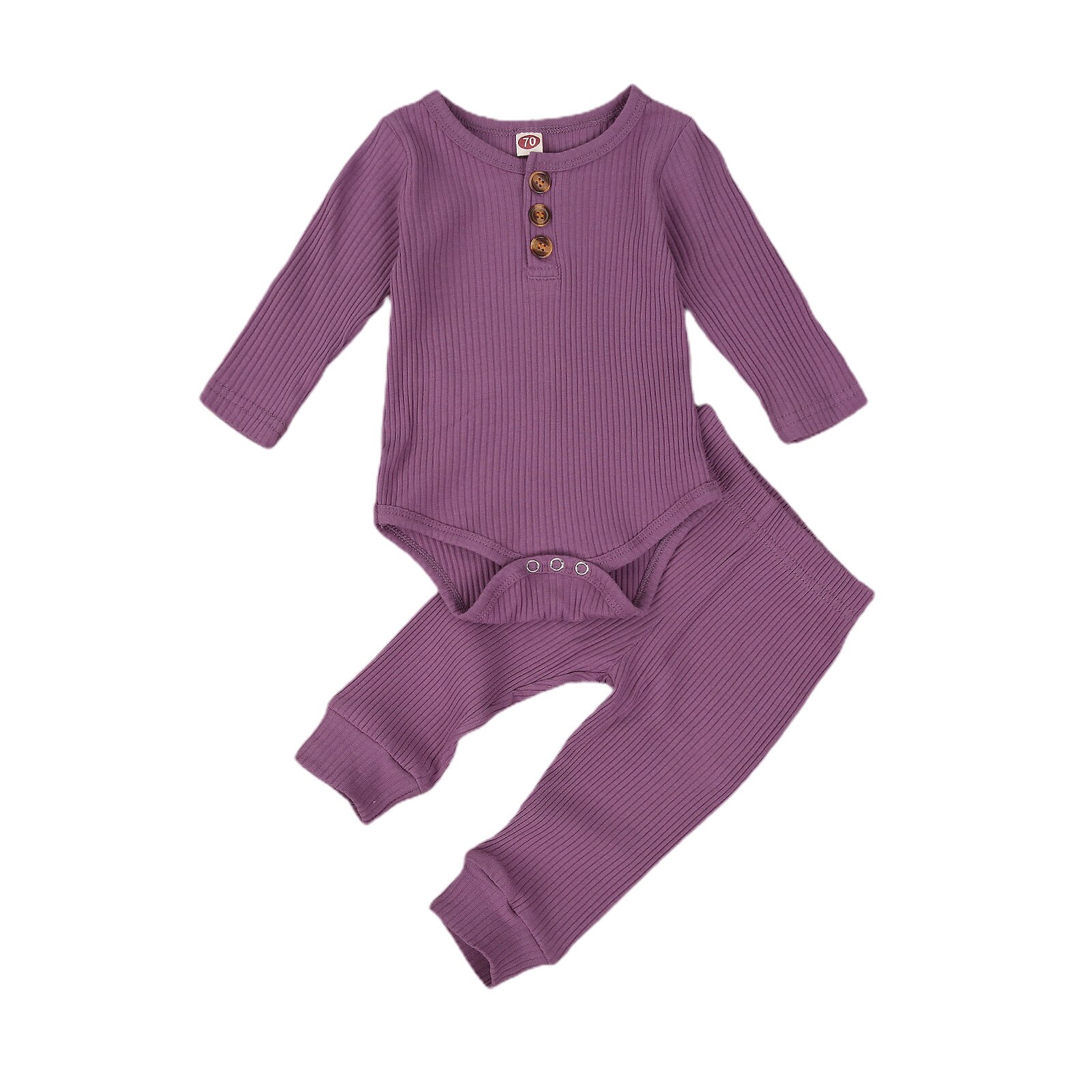 Baby jongens meisjes kleding slaapkleding herfst 2 stuks outfit 0-24m ronde hals knoop lange mouwen romper jumpsuit broek effen set: C / 24m
