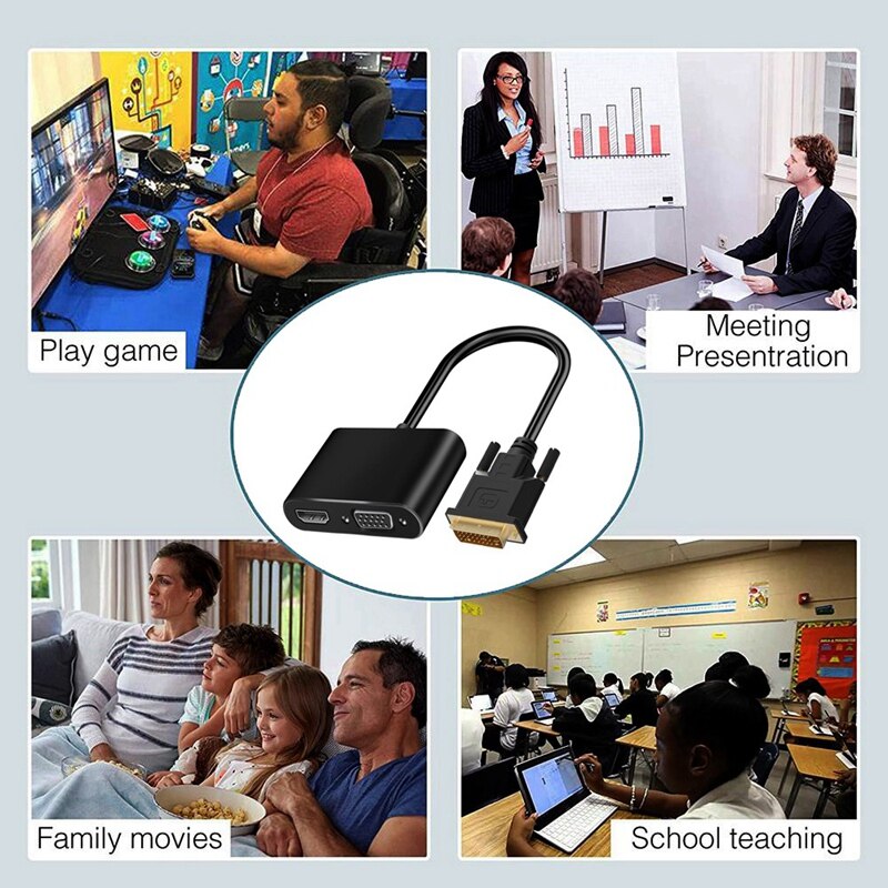 2 in 1 DVI to HDMI VGA Adapter Converter DVI Input to HDMI VGA Output Simultaneously 20cm