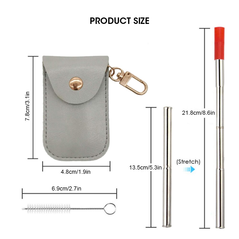 Portable Stainless Steel Reusable Metal Straw Portable Collapsible Foldable with Case Cleaning Brush Bar Drinking Accessories: gray