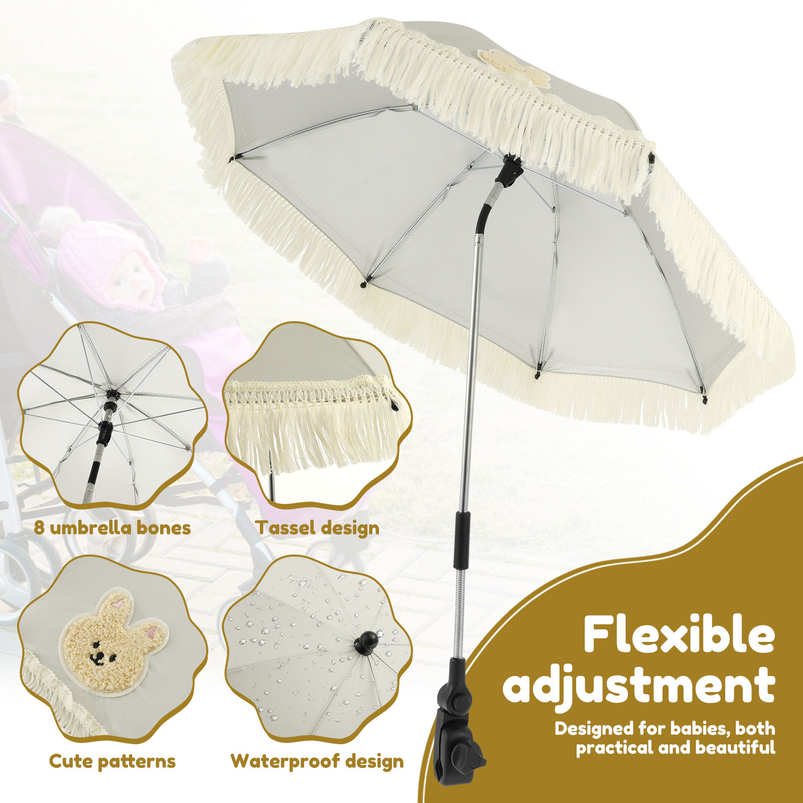 Kinderwagen-sonnenschirm für draußen, upf 40, niedlicher Clip-sonnenschirm, verstellbarer kinderwagen-regenschirm mit quaste für kinderwagen