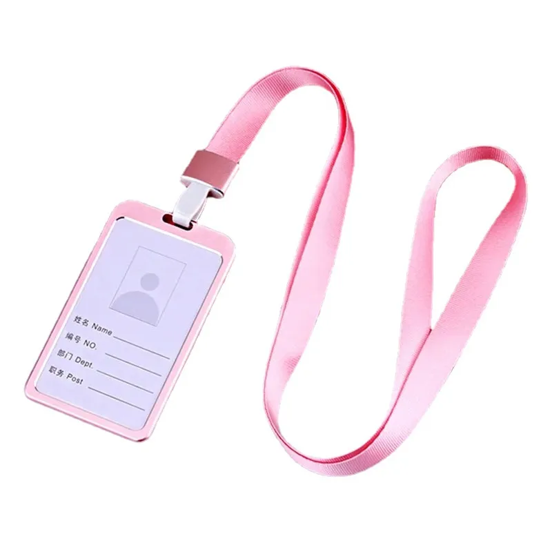 Metal Working Permit Case Badge Holder Exhibition Name ID Card Holder Card Cover Lanyard Staff Work Pass Card Sleeve Neck Strap: Rose Red