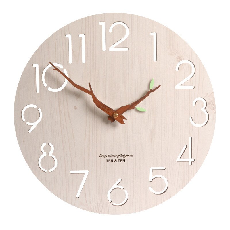 Hollow Wooden Wall Clock Modern Trunk Pointer Nordic for Child Room 3D Clocks Retro Watch Home Decor Leaf Glowing 12 inch: White with leaves