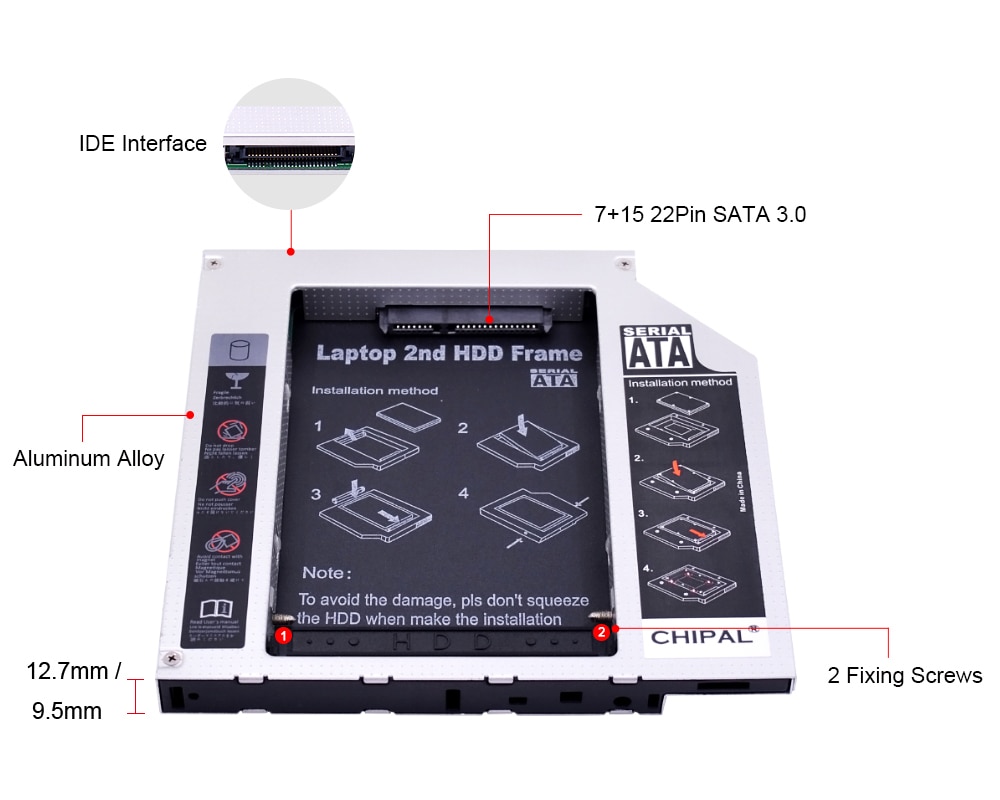 CHIPAL SATA de aluminio a PATA IDE 2ª HDD Caddy 12,7 MM 9,5 MM para SSD de 2,5 ", carcasa de disco duro HD, carcasa para portátil DVD-ROM CD-ROM