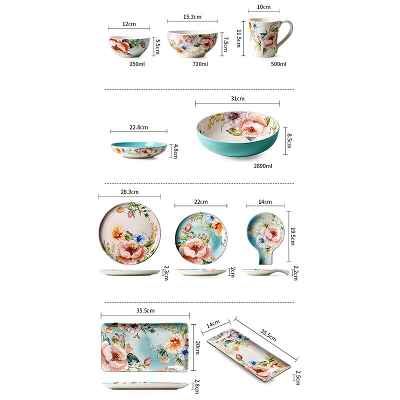 Underglaze Ceramic Plate French Home Rectangle Snack Tray Hand Painted Flower Decorate Dinner Plates Dining Table Decor