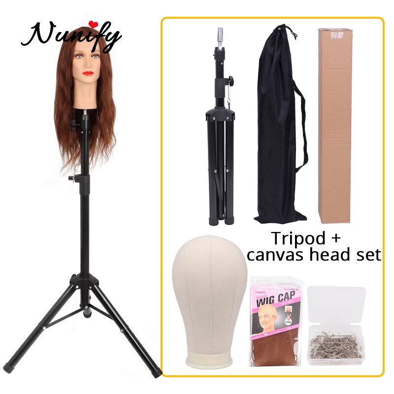 Nunify 21-25Inch Wig Tripod Stand And Canvas Head Wig Manikin Canvas Block Head Stand Aluminium Alloy Round And Mannequin Head