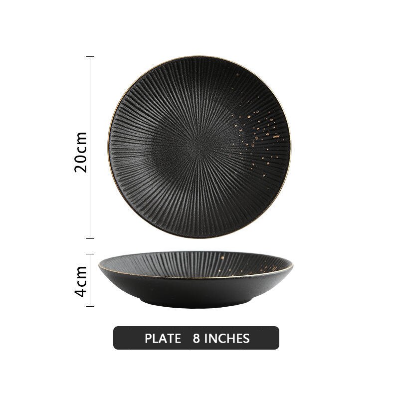 Gold Edge Black Ceramic Dinnerware Set Golden Dot Soup Rice Salad Bowl Steak Pasta Fruit Plate Dish Spoon Tableware Set: Deep Plate-8inches