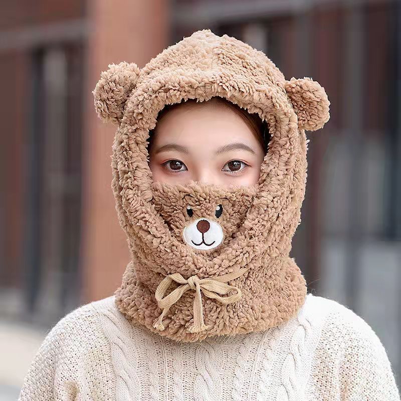 Leuke Cartoon Beer Lam Pluche Warm Solid Panda Caps Sjaal Set Masker Winter Koude Verdikte Bescherming Oor Hoed Voor Vrouwen meisje: Coffee