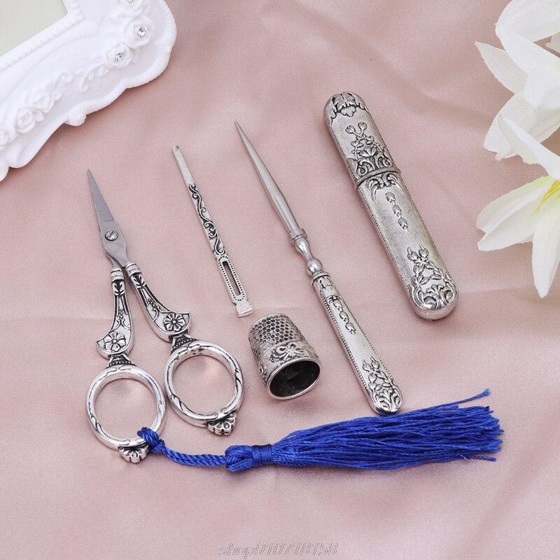 1 Set Vintage tijeras para bordado aguja caso dedal para coser punzón costura herramientas J13 21 . Exclusivo.