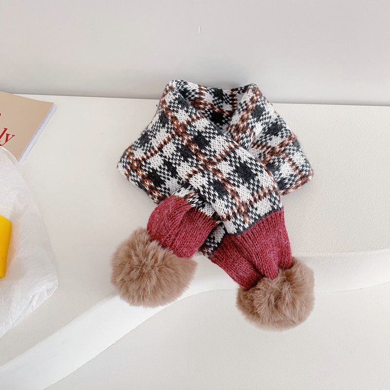 Mode Stiksels Plaid Kinderen Pompom Cross Sjaal Herfst En Winter Jongens En Meisjes Baby Warm Gebreide Sjaals: shenhuibaikajiuhong