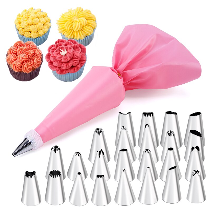 Juego de 6-24 Uds. De bolsa de repostería y boquilla para pastel de acero inoxidable, accesorios de cocina para decorar panadería, equipo de confitería: Beige
