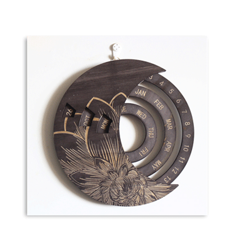 Home Decoration Retro Wooden Wall Calendar Decoration Year Calendar Moon Noric Rotatable Circular DIY Hand-Carved Calendar: Gray