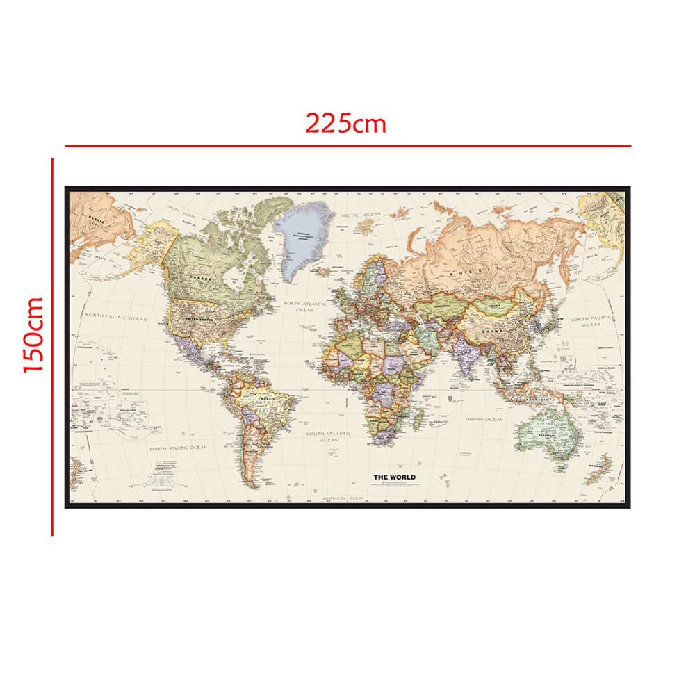 Carte du monde Mercator Projection 225*150cm intissé carte détaillée des grandes villes de chaque pays sans drapeau