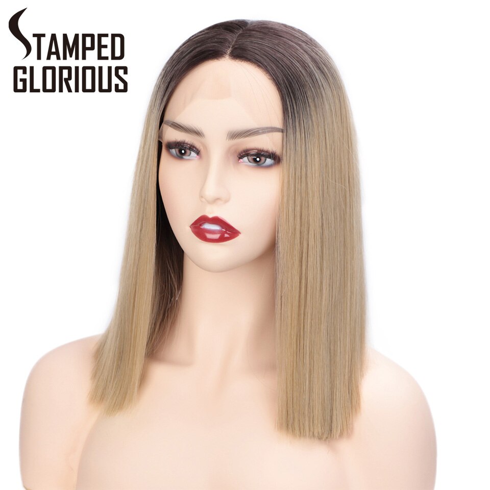 Stamped Glorious Ombre Blonde Lace Front Pruik Korte Rechte Synthetische Pruiken Voor Vrouwen Midden Divisie Haarlijn Hittebestendige