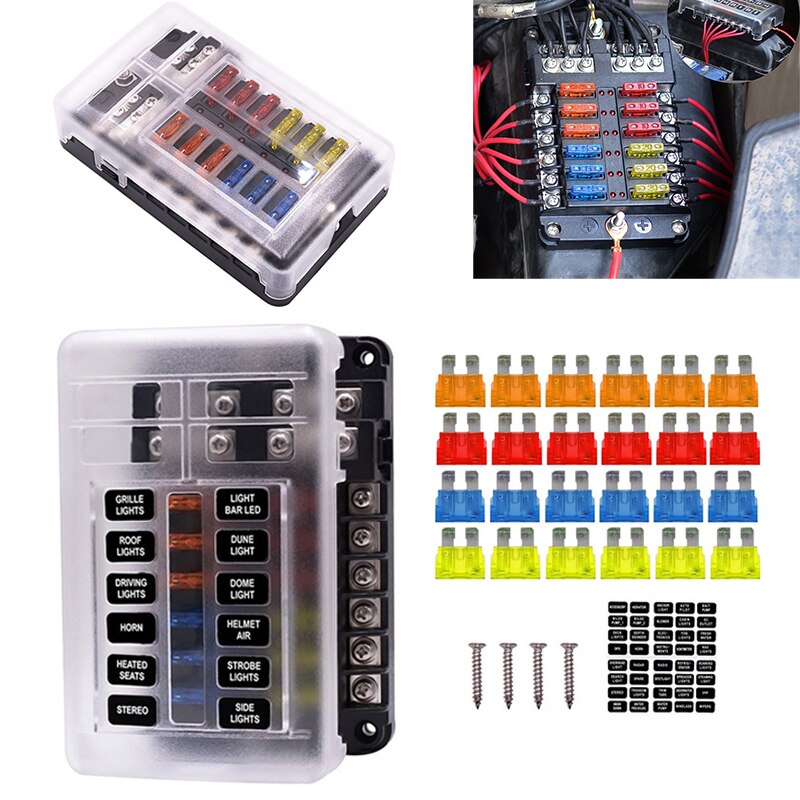 Boîte à fusibles 12 voies porte-fusible porte-écrou à vis avec Bus négatif 5A 10A 15A 20A fusibles gratuits indicateur LED pour automobile: 12 Way Wiring