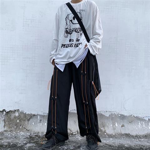 Harajuku gotisk løse bukser med vide ben herre joggebukser i koreansk stil par joggebukser trend retro mørk ispedd underdel: L / Svart