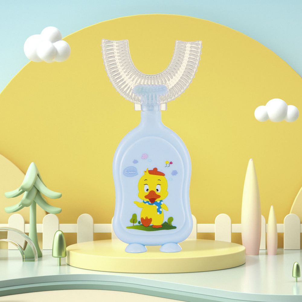 2-13 anni nuovo simpatico orso anatra bocca contenente tipo manuale a forma di U pulizia a 360 gradi massaggio spazzolino da denti in Silicone: blue-Duck