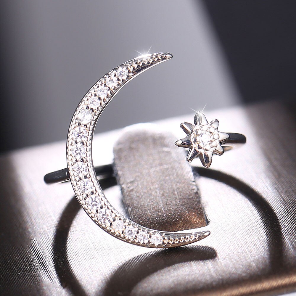 Criatividade design lua estrela anéis redimensionáveis strass mosaico senhoras anel jóias prata cor festa data acessórios de casamento