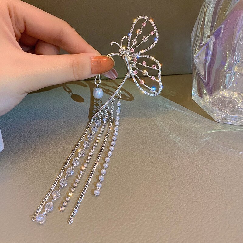 Japanse Koreaanse Mode Oor Clip Vrouwen Earring Ongebruikelijke Zoete Vlinder Parel Crystal Kwasten Chain Dangle Oorbellen