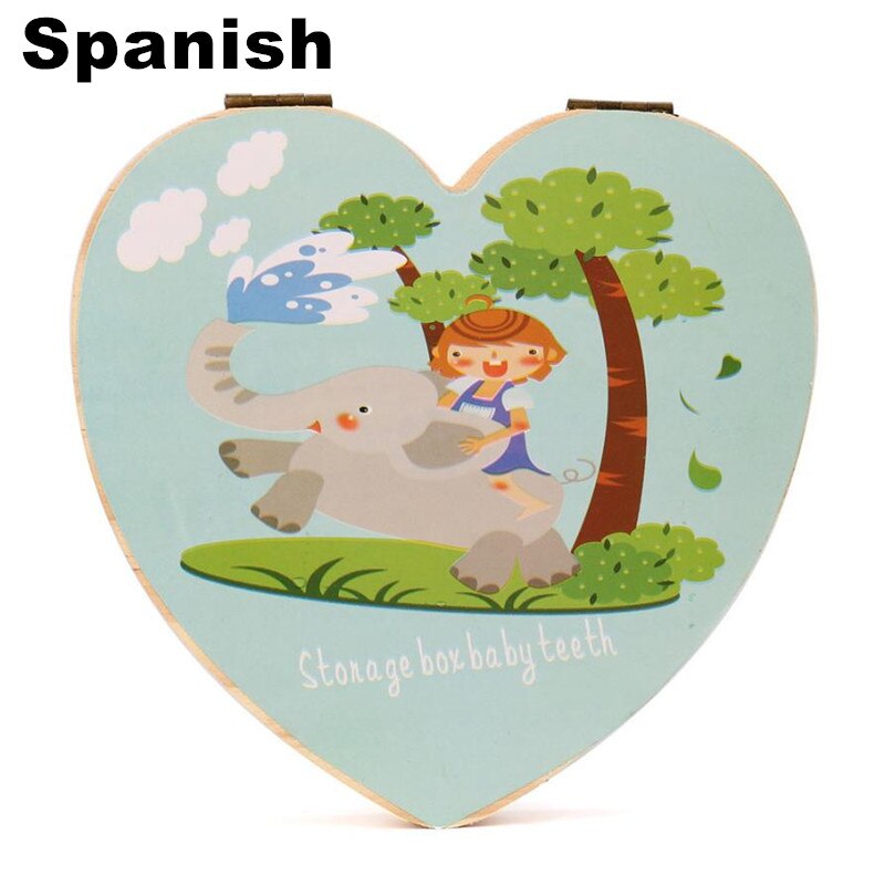 Elsker hjerte engelsk og spansk børn tandkasse arrangør ugle / elefantmaling baby gemme mælketænder træ opbevaringsboks til barn: Spansk -c