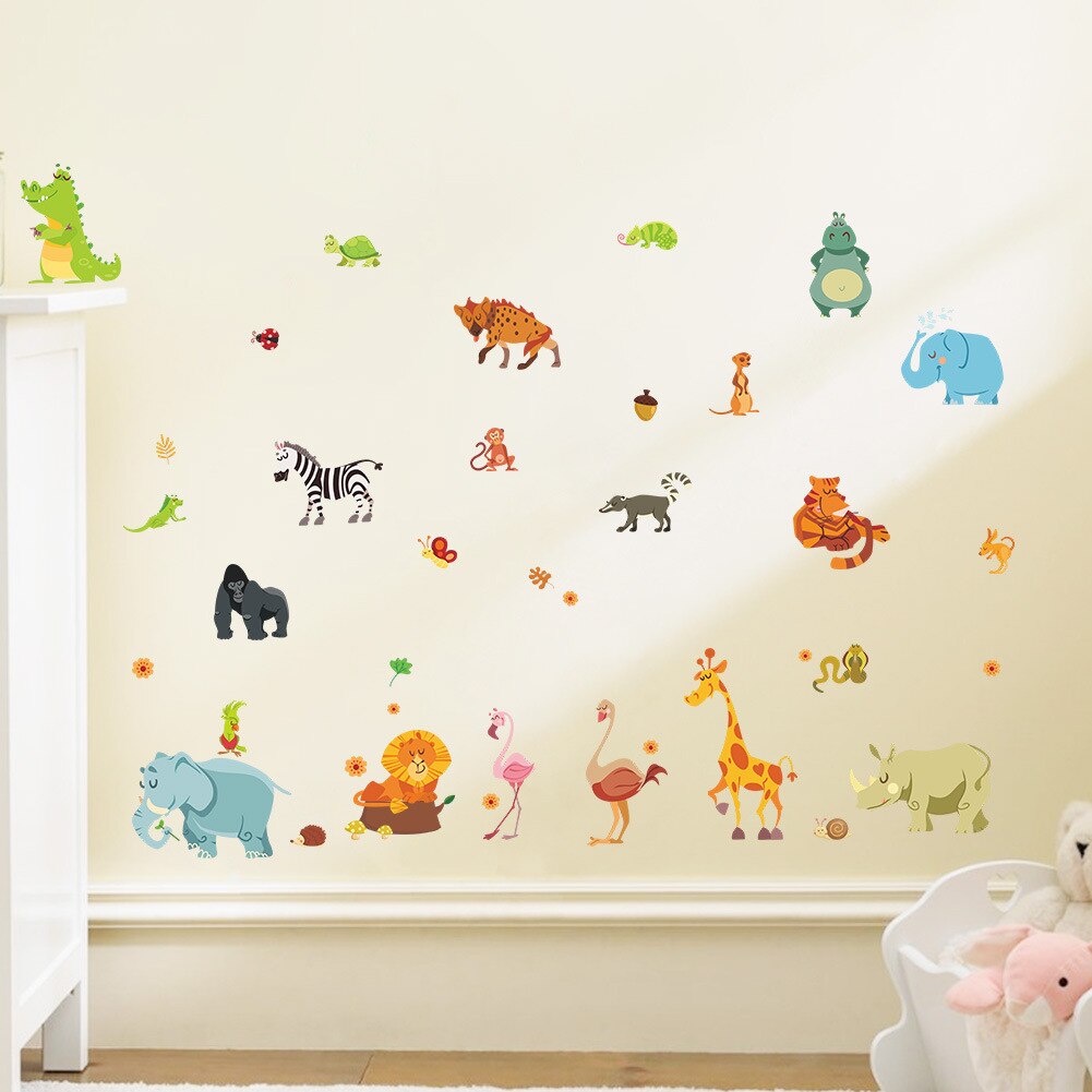 Funny Happy Zoo Cute Dinosaur Zebra Giraffe Snake Wall Stickers Kids Room Baby Home Decor Cartoon Animal Decals Diy Mural