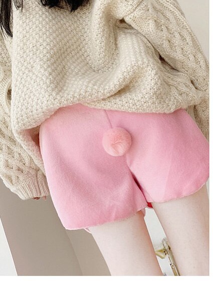 Cute Warm Removable Rabbit Hair Ball Sleep Bottoms Flannel Pajama Shorts Women's Loose Elastic Waist Pajama Pants Loungewear: pink