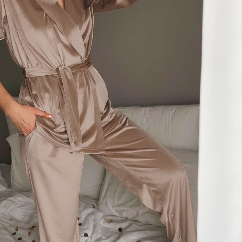 HiLoc Khaki Spring Robe Set With Sash Warm Knitted Long Sleeve Women Sleepwear Velvet Pajamas With Pants Nightwear Pajama