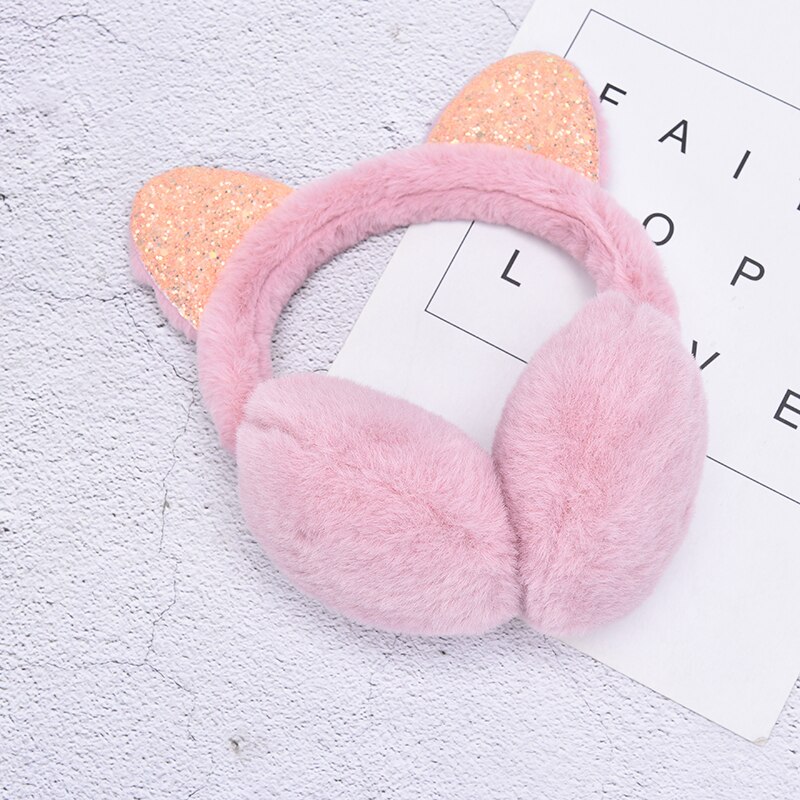 Cat Ear Muffs Earlap Glitter Sequin Earmuffs Headband Women Girl Fur Winter Ear Warmer Earmuffs: Red