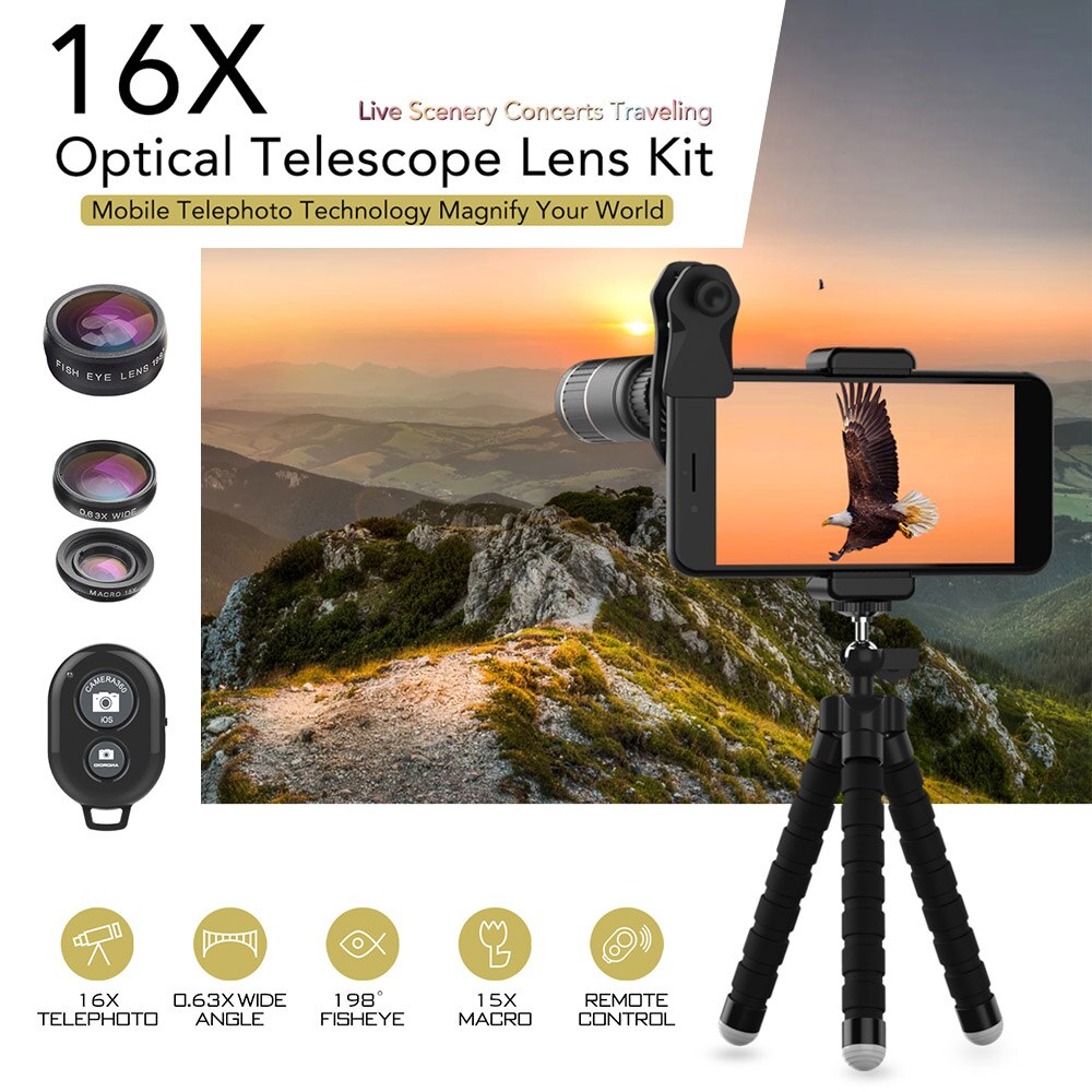 Apexel APL-JS16XBZJ5 Multifunctionele 4in1 Telefoon Lens Kit 16X Optische Telescoop Telelens 0.63X Groothoek Lens 15X Macro Lens
