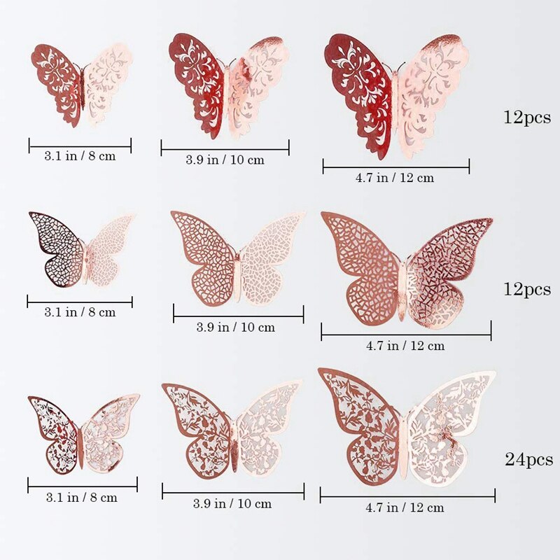 48 stk sommerfugl vegg klistremerker dekorasjoner 3d veggoverføringsbilder metallisk kunst klistremerke diy veggmalerier til hjemmet låve soverommet barnehage par