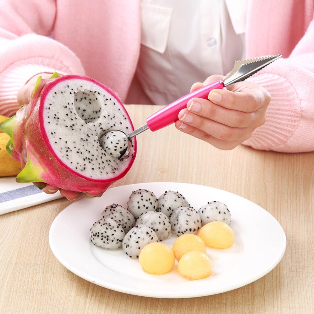 2 in1 Dual-kopf Edelstahl Obst Ball Carving Messer Obst Scoop Melone Bagger Obst Krug Kartoffelpüree Baller eis Löffel