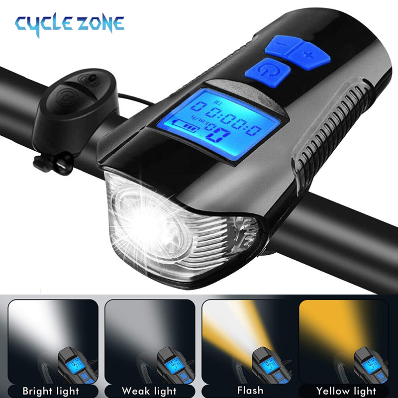 Bærbar lommelygte til 3 in 1 cykelforlygte med horn, genopladelig speedometer, cykellommelygte, campinglampe
