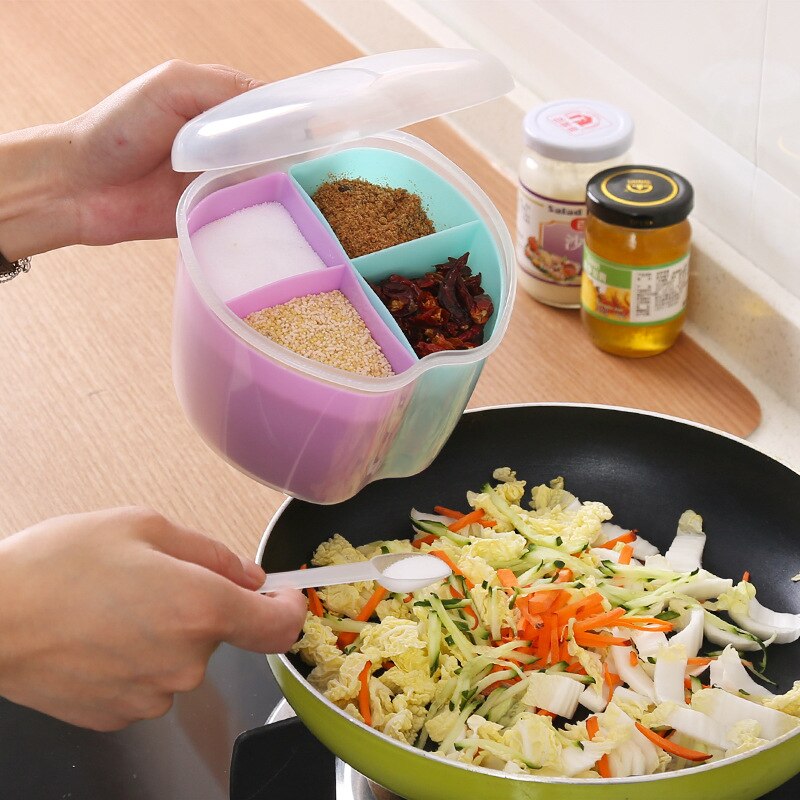 Cute Multi-grid tarro de especias sazonador caja creativa multiusos cocina transparente especias sal pimienta cuchara redonda botellas de almacenamiento