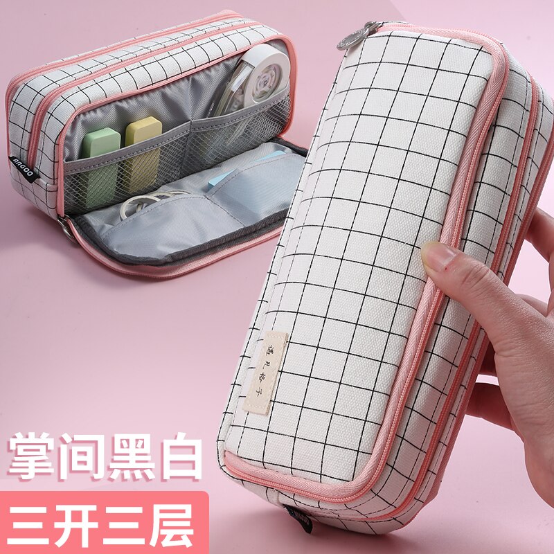 Large Pencil Case with Zipper Cute Grid School Supplies Pencil Pouch for Teen Girls and Boy School Student Bag
