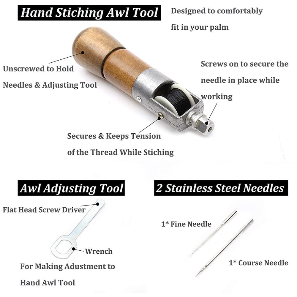 5 Pcs/Set Leather Sewing Awl Leather Craft Sewing Awl Needle Thread Kit Wooden Handle DIY Hand Sewing Tool