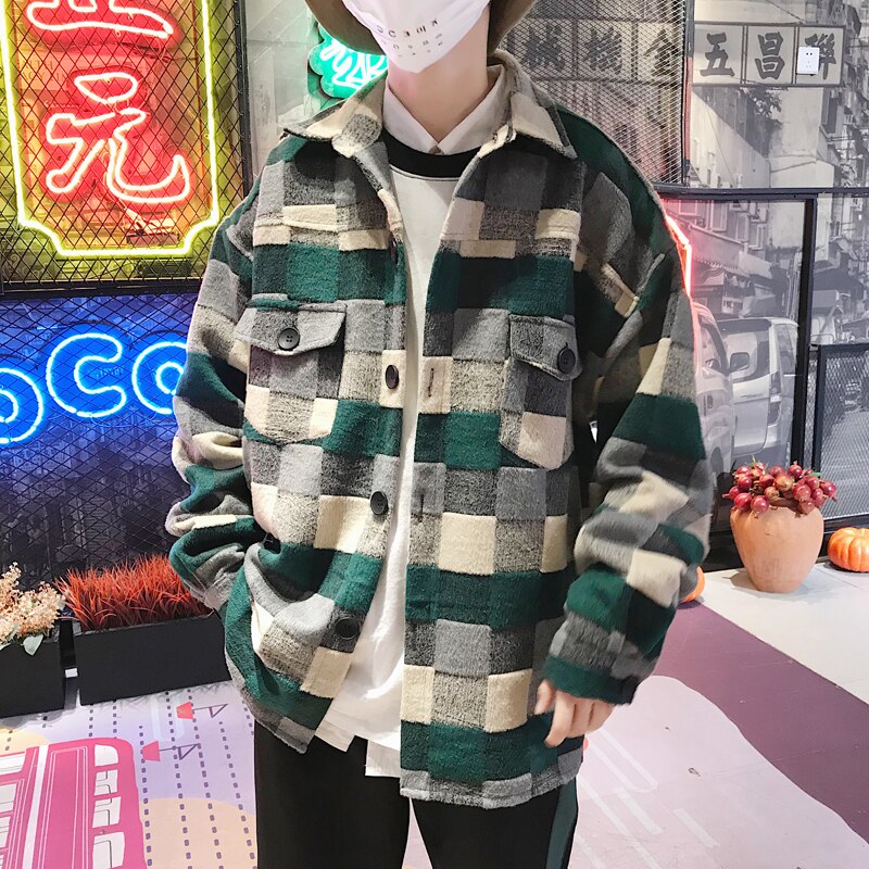 Men's Loose Lattice Printing Long-sleeved Woolen Shirt Mid-length Trench Green Color Cotton Clothes Coats M-2XL