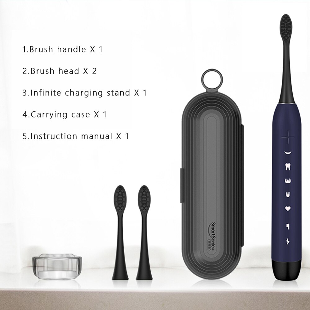 SmartSonic Waterproof Sonic Electric Toothbrush USB Rechargeable Tooth Brush Ultrasonic Toothbrush with 2 Brush Heads