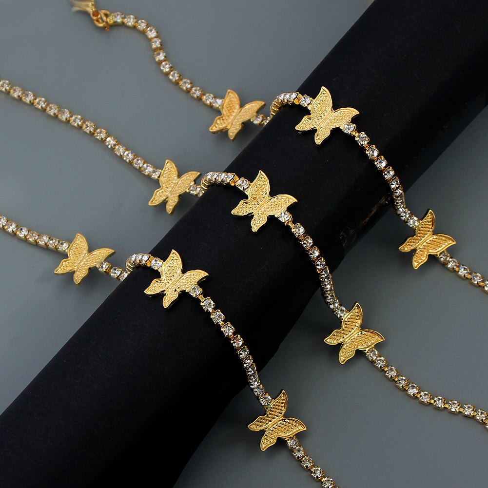 Flatfoosie Hip hop Rhinestone Butterfly Anklet Bracelet Women Gold Silver Color Crystal Tennis Chain Anklet on Leg Foot Jewelry