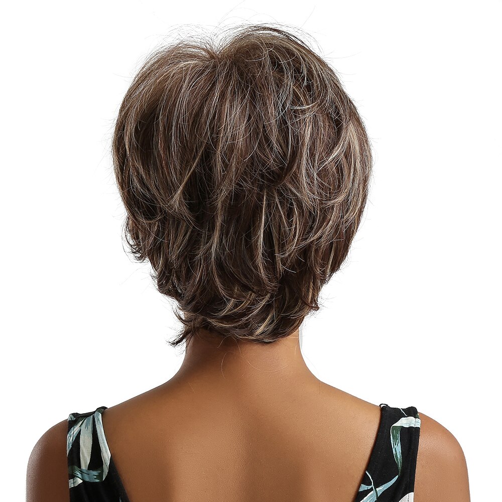 ALAN EATON krótkie falowane syntetyczne peruki mieszane brązowe srebrne włosy peruki z bocznymi grzywkami dla czarnych kobiet afro włókno termoodporne