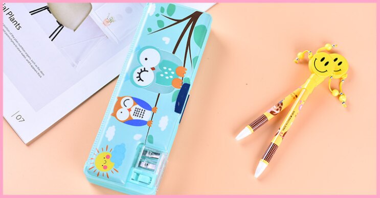 Plastic double-deck pencil box for pupils multi-purpose pencil box pencil bag with pencil sharpener on both sides: Light Green