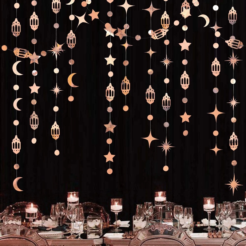 Banderole Eid Mubarak de 4m en papier doré et argenté, guirxiété étoile lune, décoration pour Ramadan Kareem, fournitures de fête musulmane islamique pour la maison