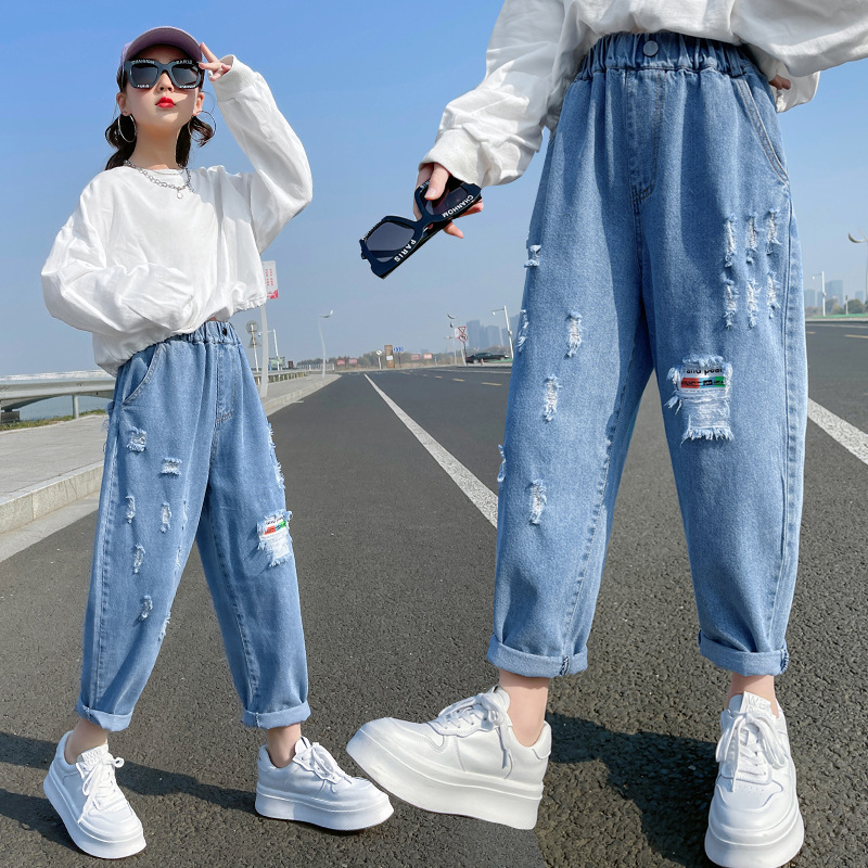 Pantalones vaqueros rasgados con agujeros para niñas, Jeans largos de estilo informal, para la escuela, ropa para niñas de 4 a 13 años
