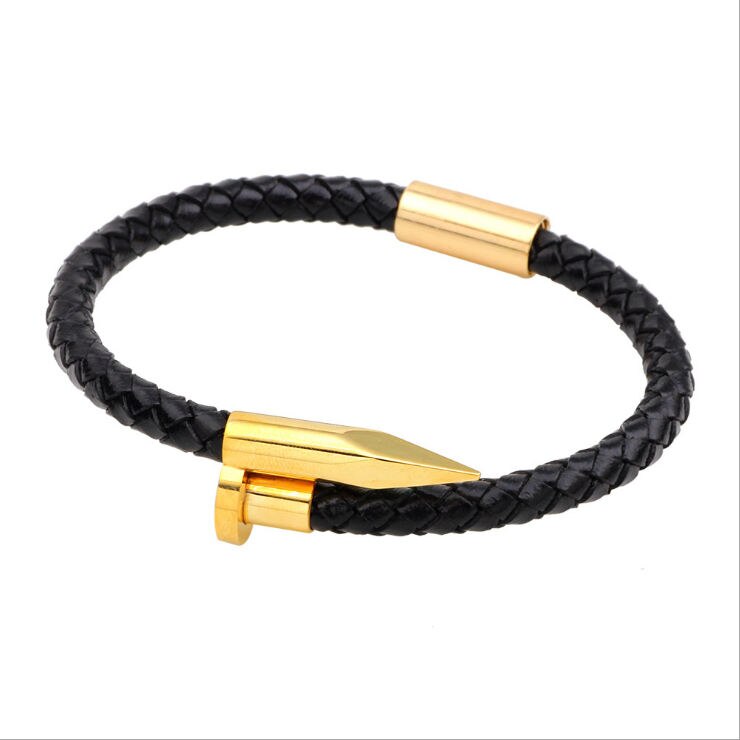 Sort læder reb rustfrit stål søm armbånd til kvinder mænd charm mandlige armbånd: Guldfarve