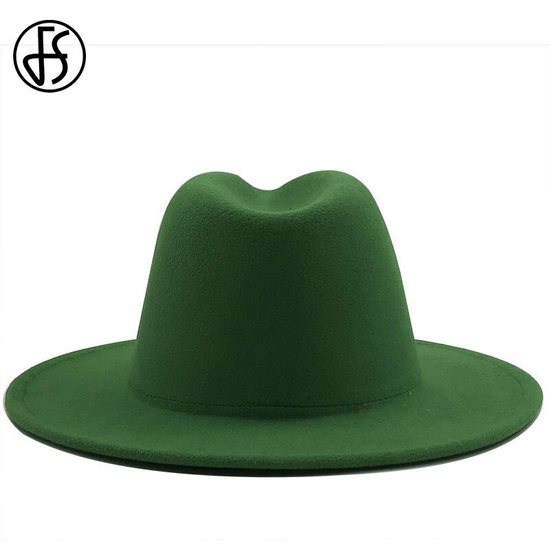 FS Green Red Patchwork Wool Felt Wide Brim Hats Women Jazz Fedora Hat For Men Chapeau Feutre Unisex Panama Trilby Cowboy Cap