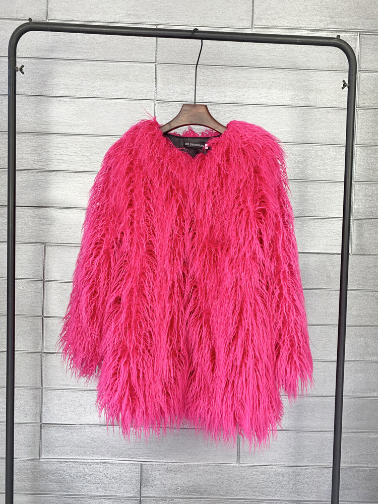 Casaco de pele do falso estilo coreano sólido mid-length rosa mongólia casacos de pele de ovelha para as mulheres inverno do vintage quente casaco de pele artificial