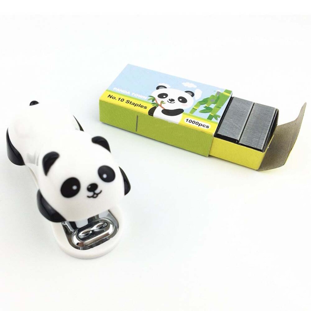 Mini söt panda stil stationär plast häftapparat med 1000 st häftklamrar för kontor skola hemresor och bästa söta för barn