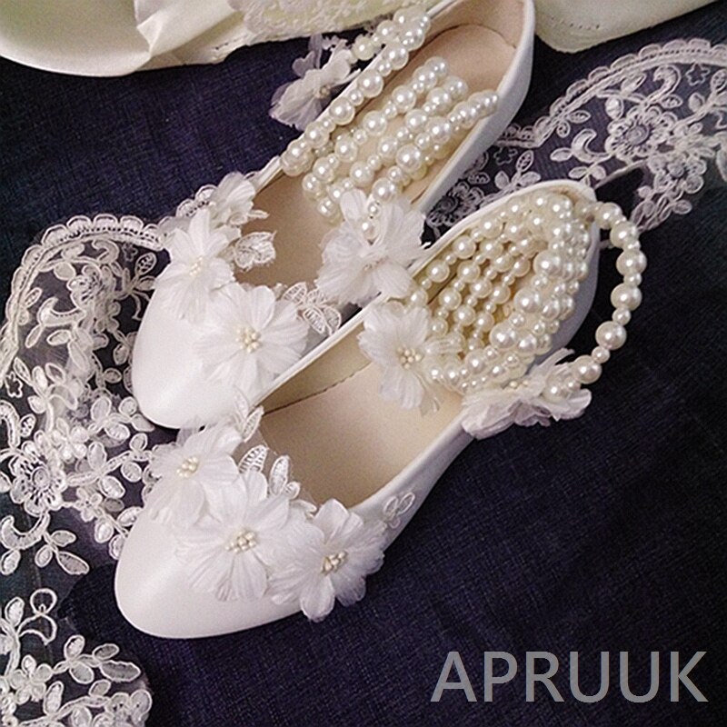 Luxury handmade flower wedding flats shoes bride plus size small big sizes pearls ankle strap bridal flats ladies party shoe