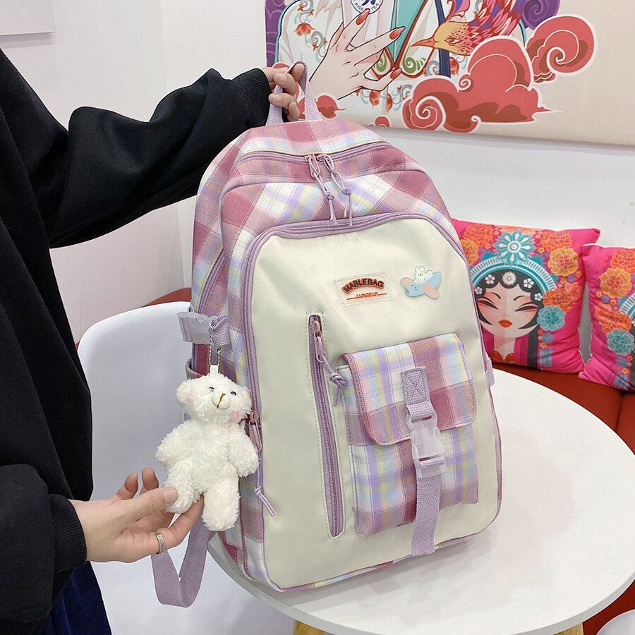 Mochila con patrón a cuadros de gran capacidad para estudiantes, bolso escolar Morado para chicas, mochila de viaje para el Campus