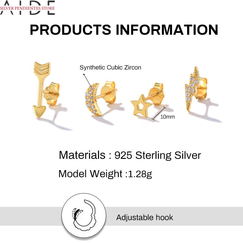 Aide 4Pcs Star Moon Mini Stud Oorbellen 925 Sterling Zilver Zirconia Piercing Oorbellen Voor Vrouwen Pendientes Plata 925